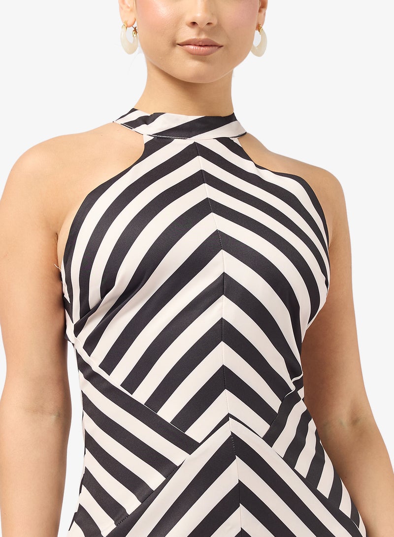 Ginger Halter Neck Monochrome Stripe A Line Dress - Image 3